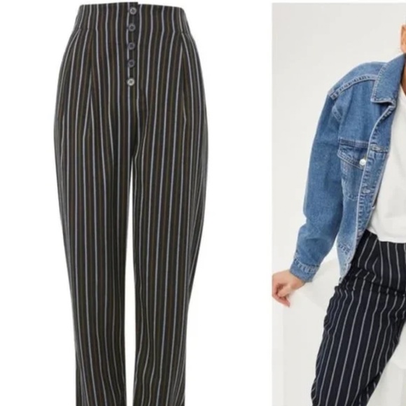 EUC Topshop High Waisted Stripe Pants Trousers Pleated Button Front Size 4 - Picture 4 of 11